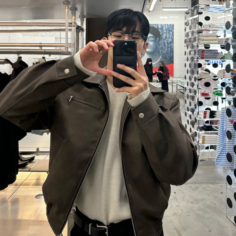 Куртка из натуральной кожи в корейском стиле с лацканами для мотоциклистов Куртка из натуральной кожи в корейском стиле с лацканами для мотоциклистов