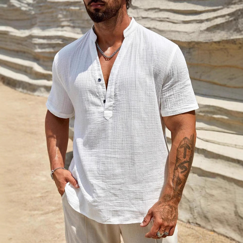 Men's Single-layer Solid Color Breathable Stand Collar Short-sleeved Shirt Men's Single-layer Solid Color Breathable Stand Collar Short-sleeved Shirt