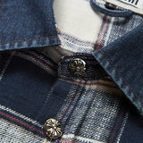 Mens Vintage Denim Cross Button Plaid Blouse