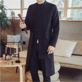 Men's Chinese Style Cotton Linen Midi Trench Coat with Embroidery