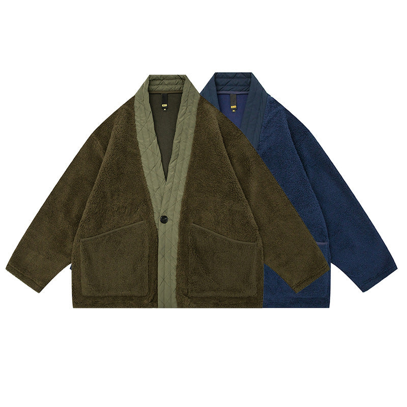 Мужская флисовая куртка в японском стиле в стиле ретро с V-образным вырезом контрастного цвета Мужская флисовая куртка в японском стиле в стиле ретро с V-образным вырезом контрастного цвета