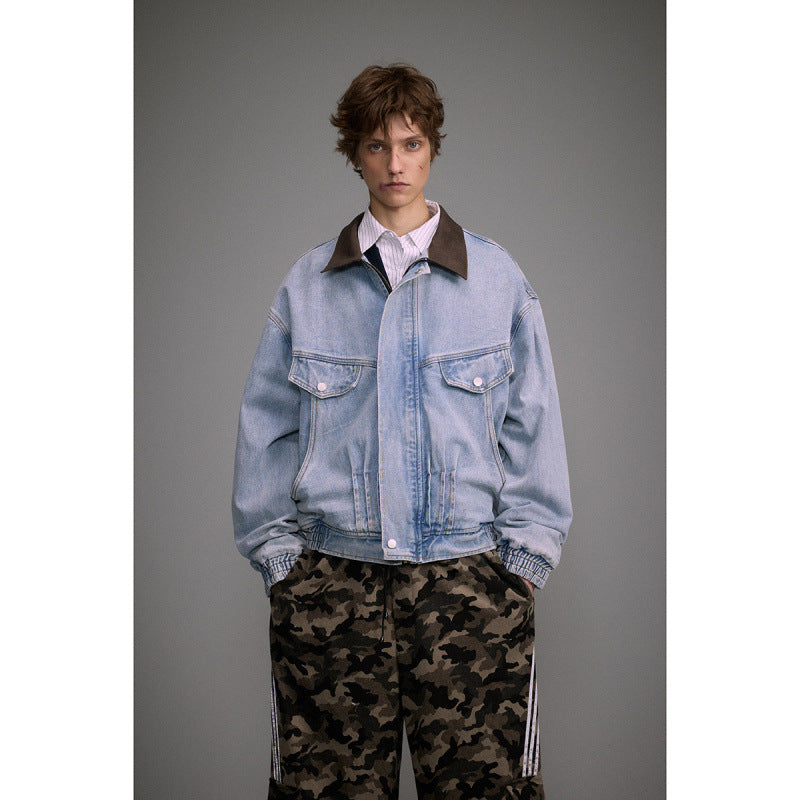 Свободная выцветшая рабочая джинсовая куртка с отворотом для мужчин и женщин Свободная выцветшая рабочая джинсовая куртка с отворотом для мужчин и женщин