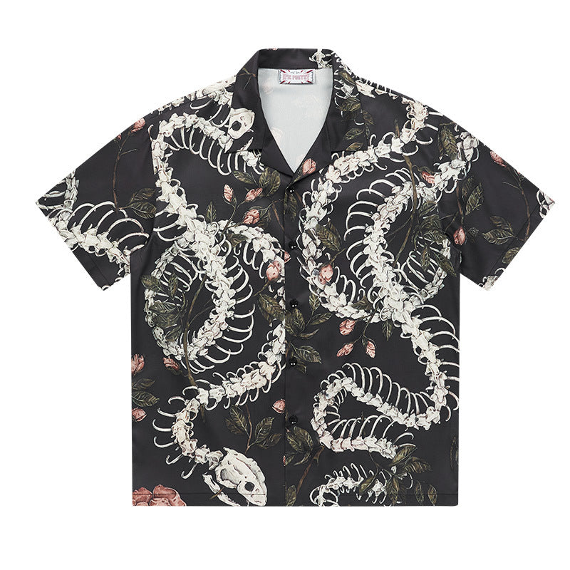 Original Designer Snake Bone Theme Pattern Printed Short Sleeve Cuban Collar Shirt Original Designer Snake Bone Theme Pattern Printed Short Sleeve Cuban Collar Shirt