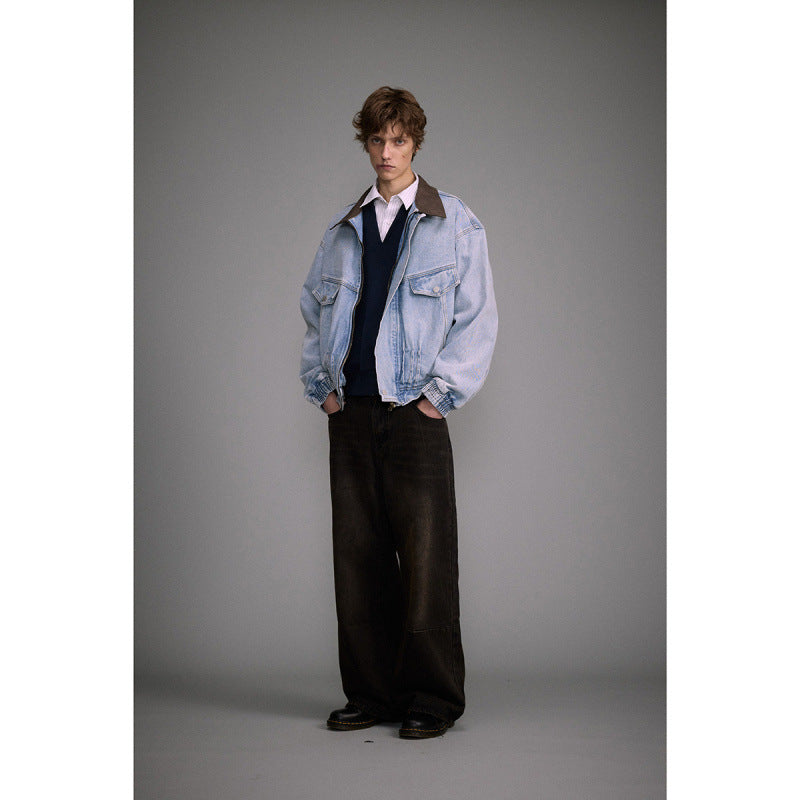 Свободная выцветшая рабочая джинсовая куртка с отворотом для мужчин и женщин Свободная выцветшая рабочая джинсовая куртка с отворотом для мужчин и женщин