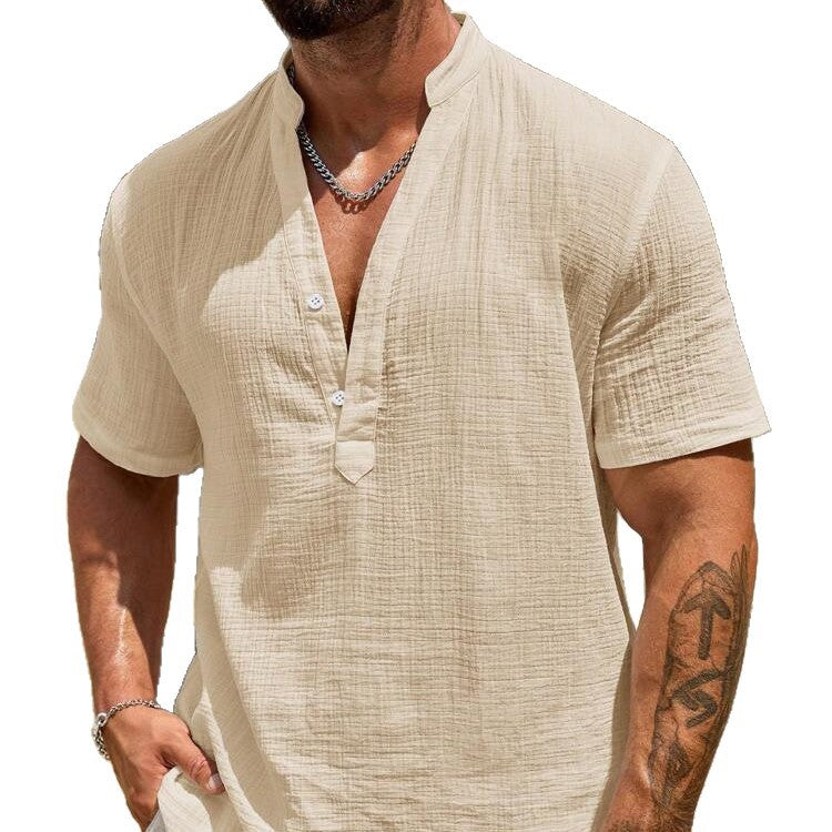 Men's Single-layer Solid Color Breathable Stand Collar Short-sleeved Shirt Men's Single-layer Solid Color Breathable Stand Collar Short-sleeved Shirt