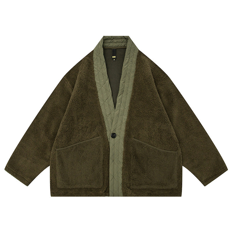 Мужская флисовая куртка в японском стиле в стиле ретро с V-образным вырезом контрастного цвета