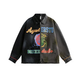 Men's jacket with several elements and graffiti stitching, spring, loose