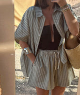 Striped Shirt Pocket Shorts Loose Leisure Suit Women