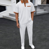 Waffle Lapel Color Matching Short-sleeved Trousers Two-piece Casual Suit