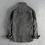 Men's British Retro Black Gray Striped Denim Shirt