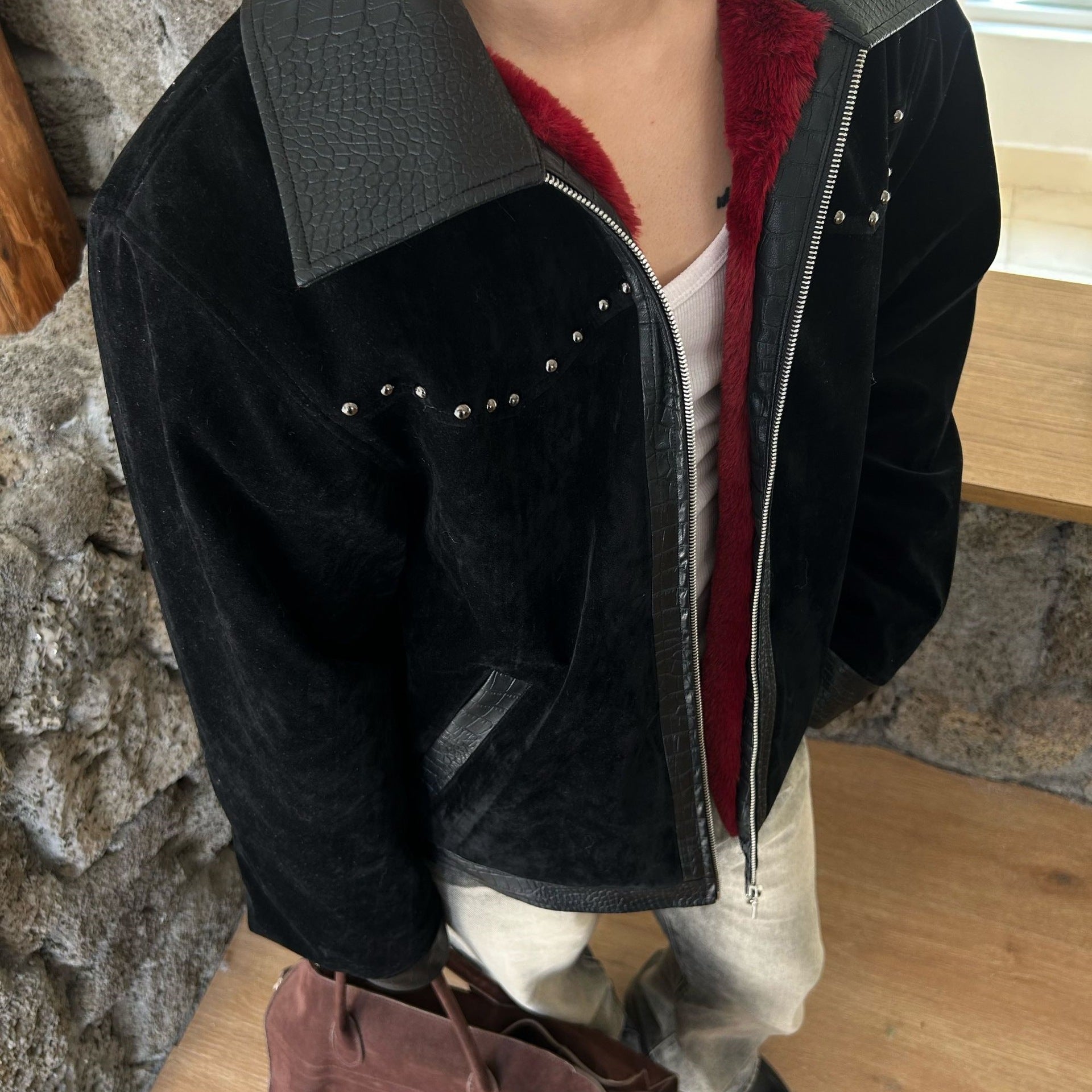 Кожаное пальто с лацканами в стиле пэчворк из ангольской шерсти, очень толстое замшевое пальто Кожаное пальто с лацканами в стиле пэчворк из ангольской шерсти, очень толстое замшевое пальто