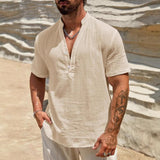 Men's Single-layer Solid Color Breathable Stand Collar Short-sleeved Shirt