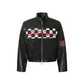 American Retro Scottish Short Leather Jacket With Embroidery