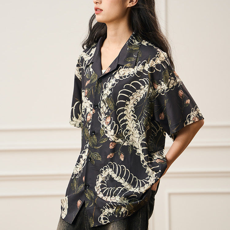Original Designer Snake Bone Theme Pattern Printed Short Sleeve Cuban Collar Shirt Original Designer Snake Bone Theme Pattern Printed Short Sleeve Cuban Collar Shirt
