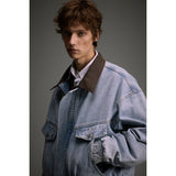 Свободная выцветшая рабочая джинсовая куртка с отворотом для мужчин и женщин