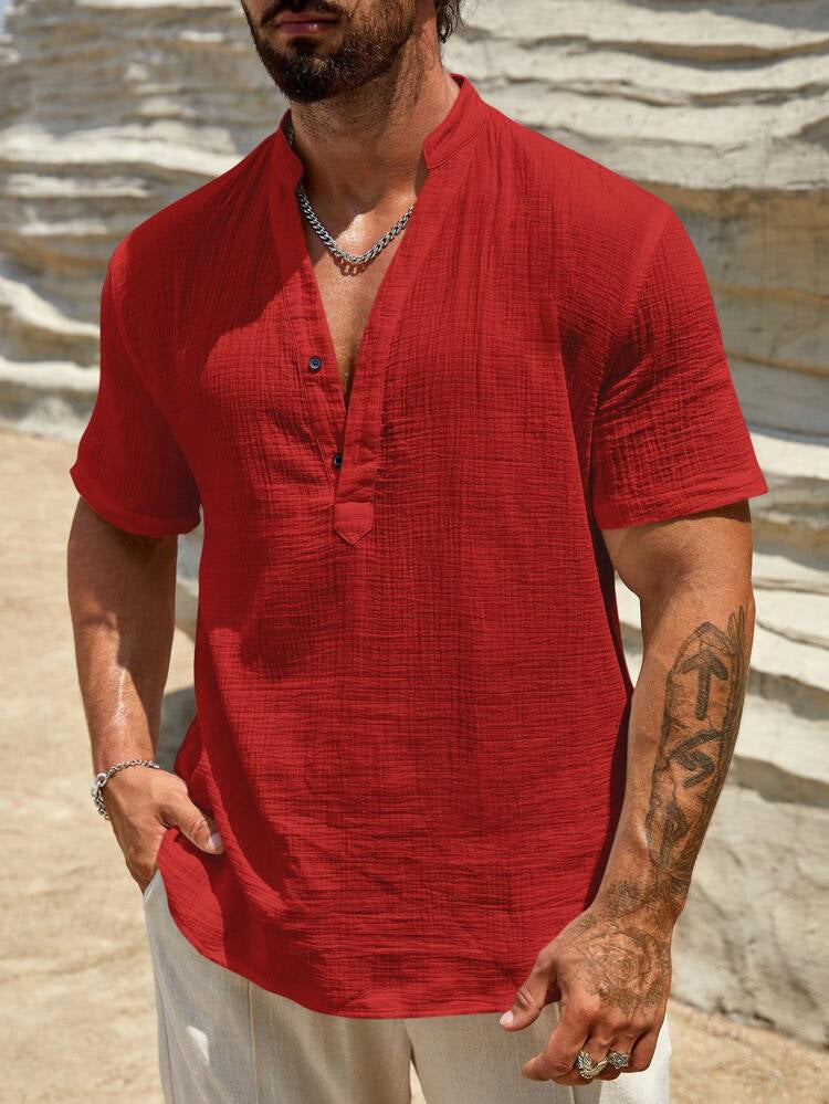 Men's Single-layer Solid Color Breathable Stand Collar Short-sleeved Shirt Men's Single-layer Solid Color Breathable Stand Collar Short-sleeved Shirt