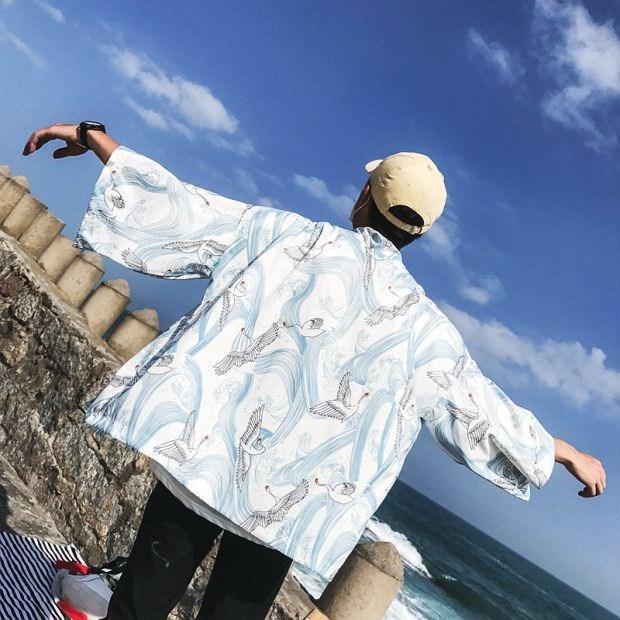 Мужской свободный халат с защитой от солнца, рукава три четверти, кардиган, пальто Мужской свободный халат с защитой от солнца, рукава три четверти, кардиган, пальто