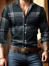 Men's long sleeve shirt with striped and checkered texture, with 3D digital printing