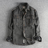 Men's British Retro Black Gray Striped Denim Shirt