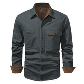 Men's Washed Cotton Shirt Plus Size Polo Collar Long Sleeve