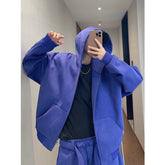 Retro Easy Matching Loose Blue Jacket Hooded Zipper Short Coat For Men