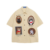 Antique style shirt with embroidered cat and short sleeves