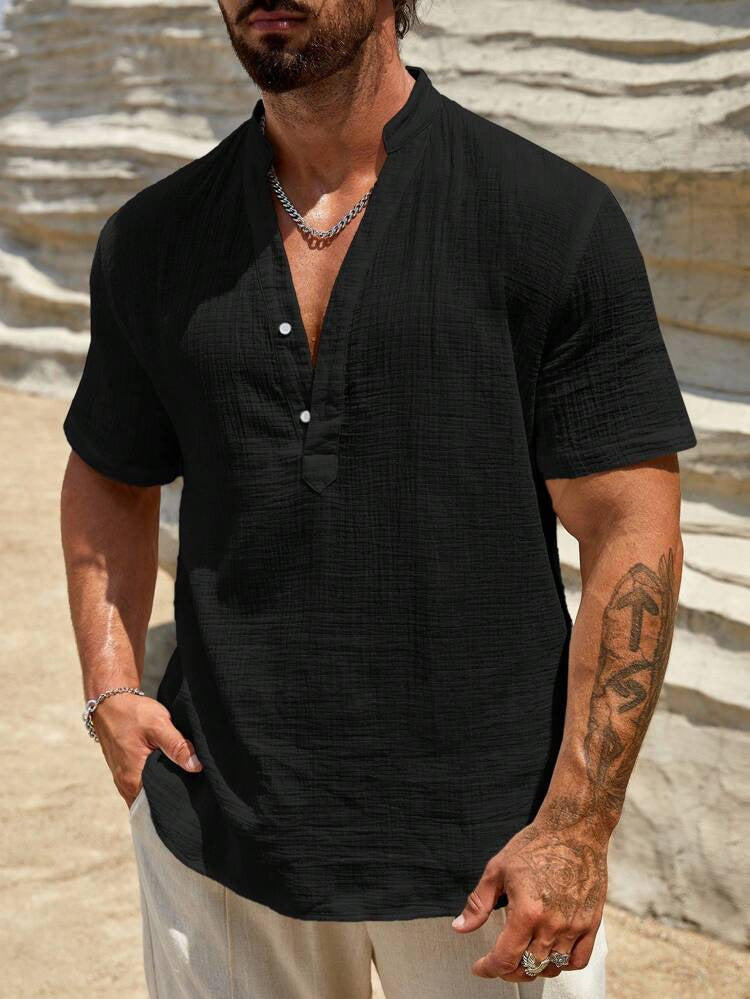 Men's Single-layer Solid Color Breathable Stand Collar Short-sleeved Shirt Men's Single-layer Solid Color Breathable Stand Collar Short-sleeved Shirt