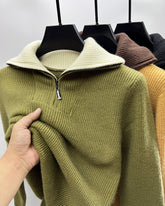 Men's winter knitted coat with high collar and lapels
