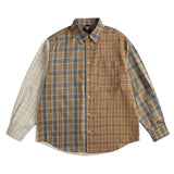 Retro style long sleeve shirt with irregular stitching in contrast check