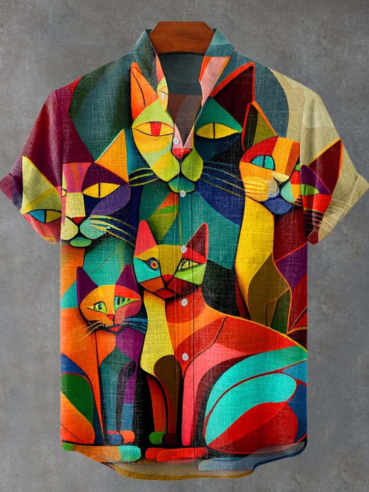 Abstract Pattern 3D Digital Printing Loose Trendy Short Sleeve Stand Collar Cardigan Shirt Abstract Pattern 3D Digital Printing Loose Trendy Short Sleeve Stand Collar Cardigan Shirt