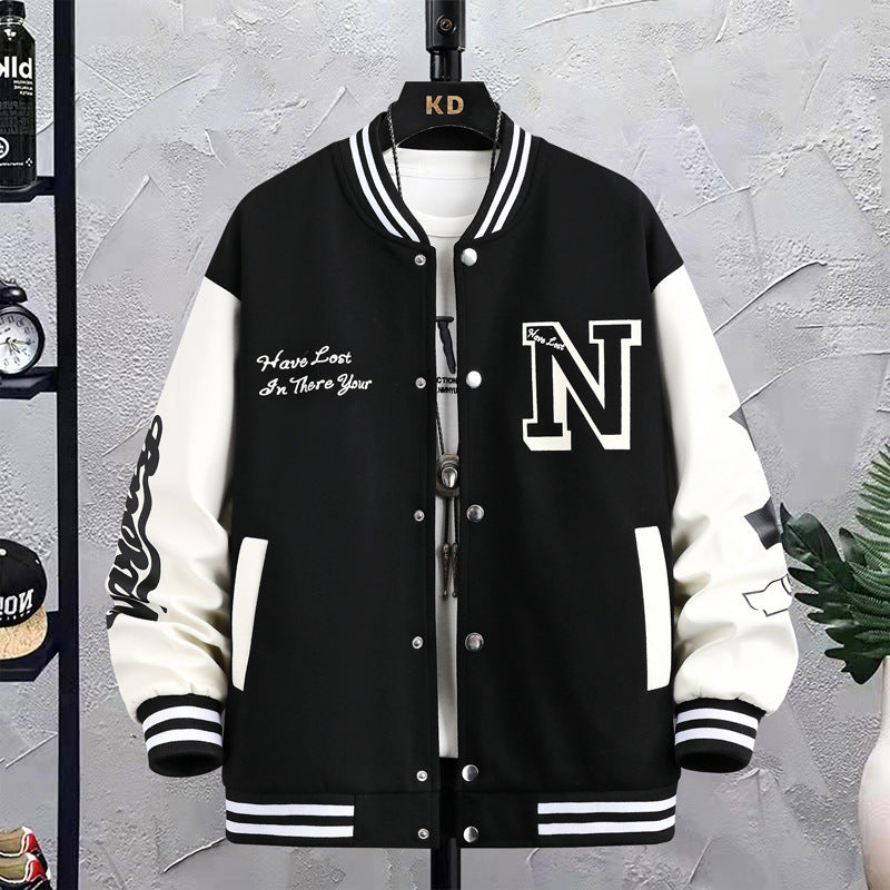 Letter Print Color Block Jacket Ins Fashion Loose Button Round Neck Baseball Coat Top For Men Letter Print Color Block Jacket Ins Fashion Loose Button Round Neck Baseball Coat Top For Men