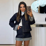 Vintage Denim Jacket Women's All-matching Short Polo Collar Jacket Top Skirt Suit