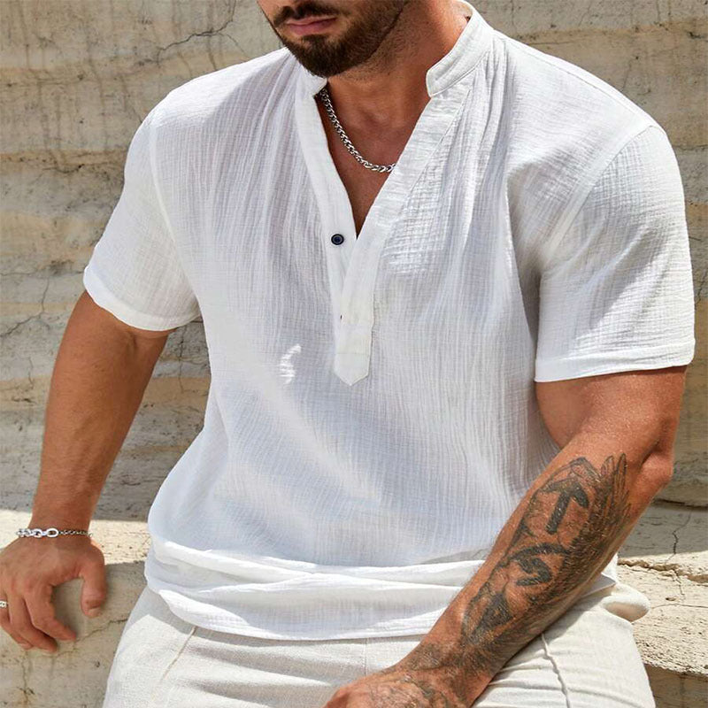 Men's Cotton And Linen Double-layer Solid Color Cuban Collar Short Sleeve Shirt Men's Cotton And Linen Double-layer Solid Color Cuban Collar Short Sleeve Shirt