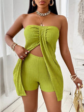 Solid Color Twisted Front Split Green Strapless Top And Shorts Set
