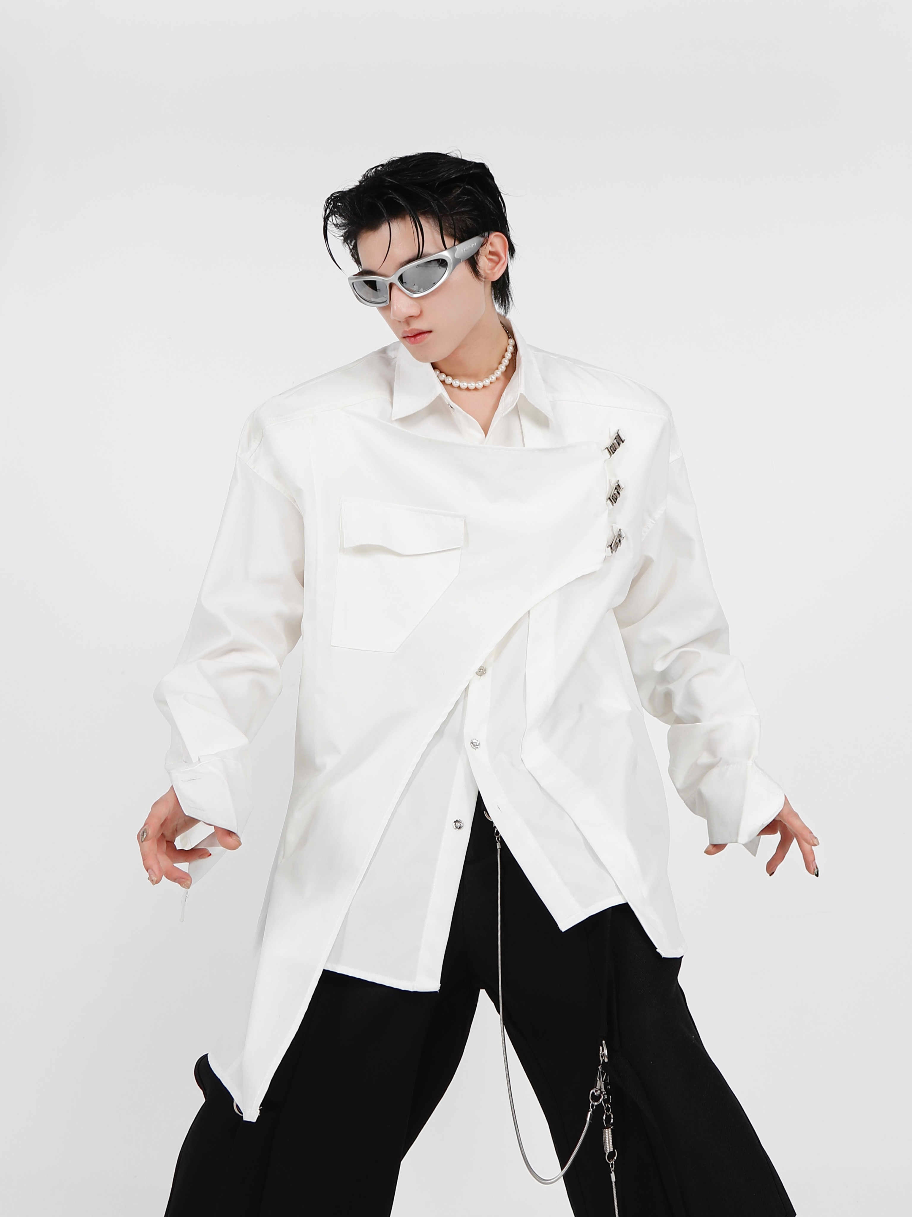 Double-layer Design Metal Embellished Long Sleeve Padded Shoulder Shirt Double-layer Design Metal Embellished Long Sleeve Padded Shoulder Shirt