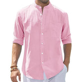 Мужская рубашка из хлопка с воротником-стойкой и длинными рукавами, однотонная