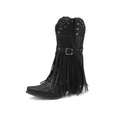 Autumn And Winter Tassel Women's Western Rivet Belt Buckle Tassel Middle Boots
