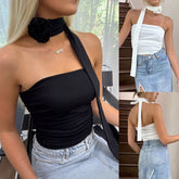 Женский летний облегающий короткий топ-труба с трехмерным цветочным узором и лентой