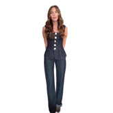 Women's Fashion Casual Single-breasted Denim Vest Pants