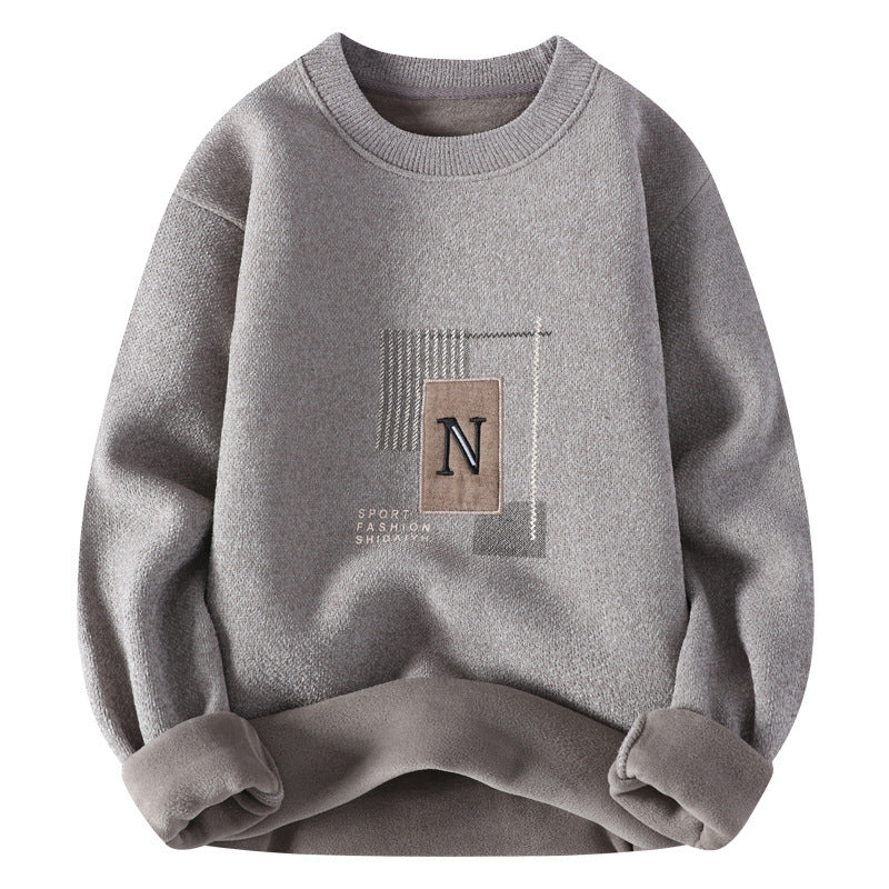 Men's Round Neck Thickened Single-layer Fleece-lined Bottoming New Embroidered Knitwear Men's Round Neck Thickened Single-layer Fleece-lined Bottoming New Embroidered Knitwear