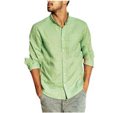 Men's Long Sleeve Cotton Linen Casual Polo Collar Shirt