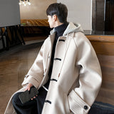 Detachable Hood With Horn Buttons Wool Coat For Men