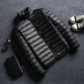 Men's Short Ultra-Thin Down Jacket with Stand-Up Collar and Hood
