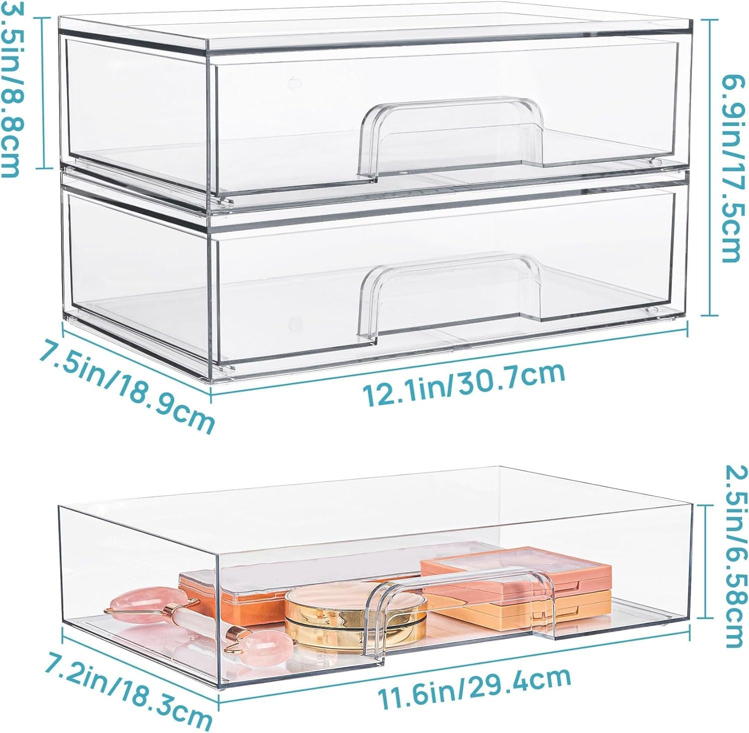 12.1in 30.7cm W Clear Stackable Storage Drawers,2 Pack Acrylic Plastic Organizers Bins For Makeup Palettes, Cosmetics, And Beauty Supplies,Ideal For Vanity, Bathroom,Cabinet,Desk Organization 12.1in 30.7cm W Clear Stackable Storage Drawers,2 Pack Acrylic Plastic Organizers Bins For Makeup Palettes, Cosmetics, And Beauty Supplies,Ideal For Vanity, Bathroom,Cabinet,Desk Organization