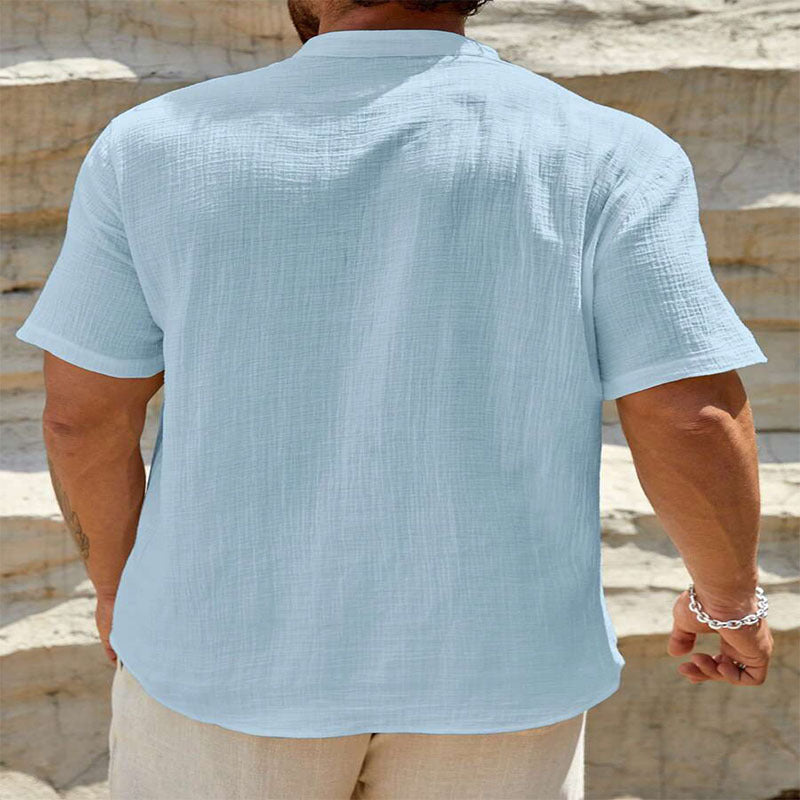 Men's Cotton And Linen Double-layer Solid Color Cuban Collar Short Sleeve Shirt Men's Cotton And Linen Double-layer Solid Color Cuban Collar Short Sleeve Shirt