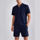 Мода тасодуфӣ остин кӯтоҳ Polo Shirt Shorts ду дона Set Suit мардона