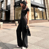 Spring And Summer Round Neck Solid Color Slim Fit Pullover Elastic Waist Wide Leg Trousers Suit