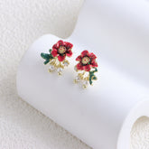 925 Silver Needle Drop Oil Pearl Flower Earrings