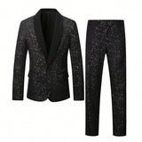 Men's Shimmering Black Suit Adorned With Glittering White Sequins