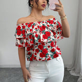 Off-shoulder Short-sleeved Shirt Double-layer Ruffled Women's Clothing